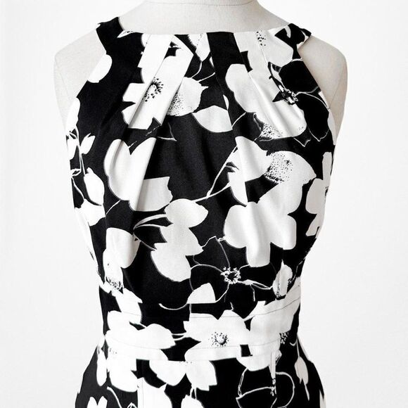 Roz Ali Black White Floral Pleated Flared Knee Length Cocktail Dress Size M - Picture 5 of 7